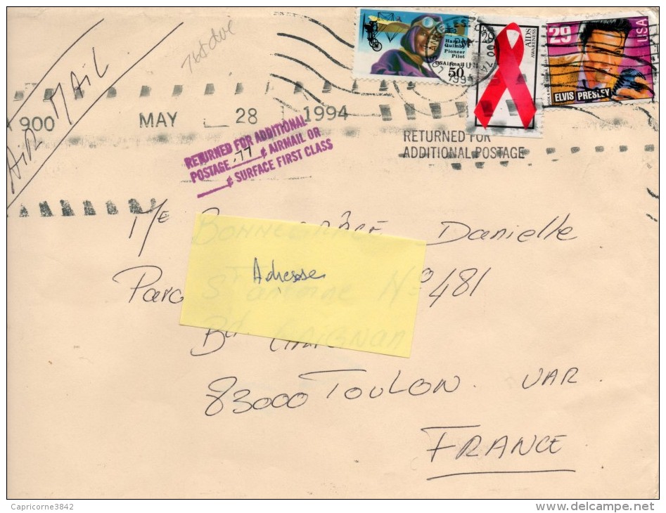 1994 - Lettre (240x165) Des USA Pour Toulon - Retour à L'envoyeur - Timbres De Elvis Presley, Harriet Kimby Et AIDS - Poststempel