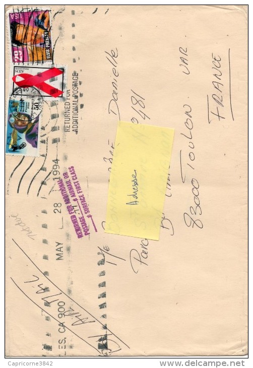 1994 - Lettre (240x165) Des USA Pour Toulon - Retour à L'envoyeur - Timbres De Elvis Presley, Harriet Kimby Et AIDS - Poststempel