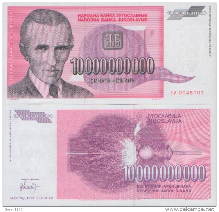 YUGOSLAVIA 10.000.000.000 Dinara 1993 , P-127 ,  UNC  ( ZA Series) Replacement - Joegoslavië