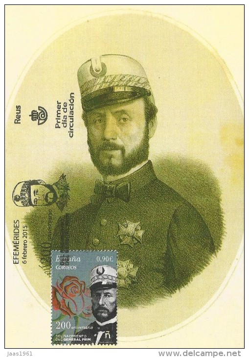 SPAIN. MAXICARD FIRST DAY. 200th ANNIV. GENERL PRIM. REUS 2015 - Cartes Maximum