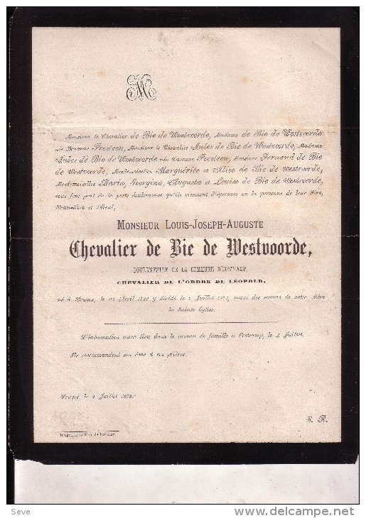 OOSTKAMP Chevalier Louis De BIE De WESTVOORDE Burgemeester 1796-1873 Doodsbrief Adel - Overlijden