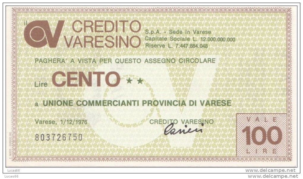 CREDITO VARESINO MINIASSEGNO LIRE 100 - [10] Chèques