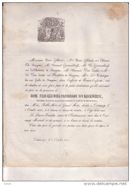 OOSTKAMP Julie VON DANCKWERTH Veuve Jacques De STAPPENS De NIEUWENHOVE 1775-1855 Doodsbrief - Todesanzeige