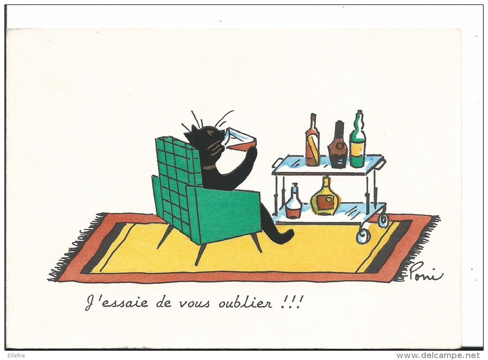 ILLUSTRATEUR PONI - Chat Noir Buvant Dans Son Fauteuil Chagrin D'amour ! Cpsm Ed Du Vieux Moulin N° 482 - Autres & Non Classés