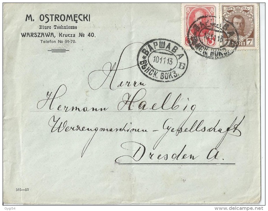 Lettre De WARSZAWA (POLOGNE)     Du 10 Novembre 1913   Vers Dresde - Covers & Documents