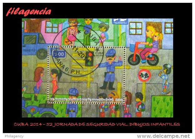 USADOS. CUBA. 2014-48 52 JORNADA DE LA SEGURIDAD VIAL. DIBUJOS INFANTILES. HOJA BLOQUE - Used Stamps