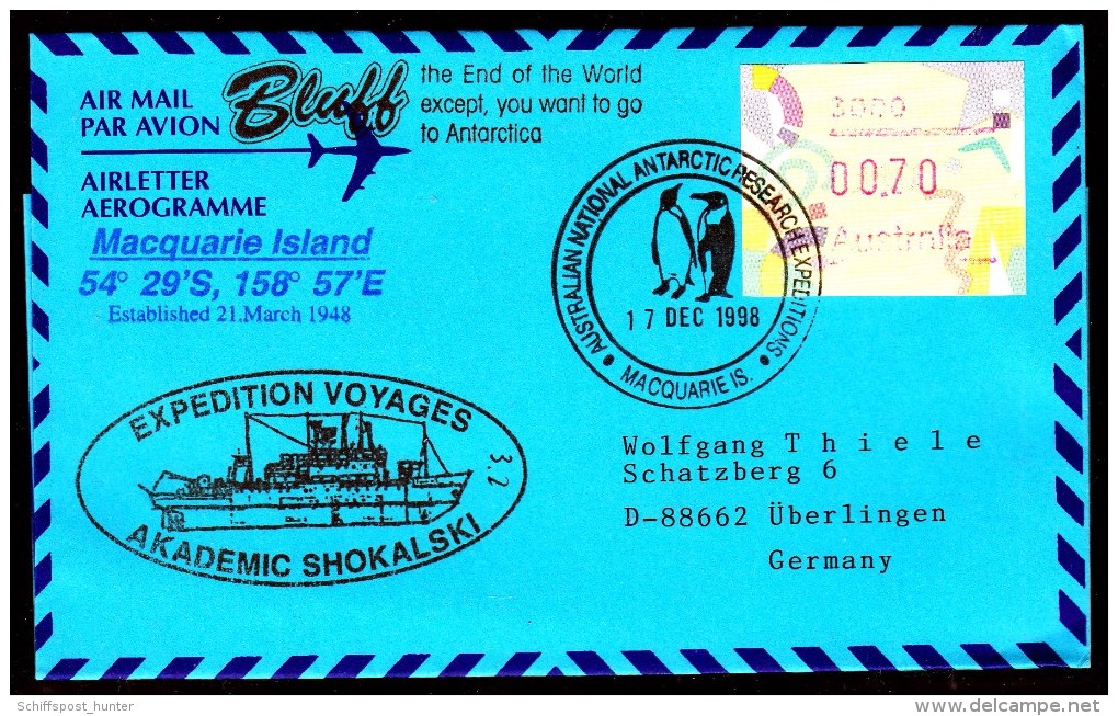 ANTARCTIC, AAT, MACQUARIE,17.DEC 1998, Stopover M/S"AK.SHOKALSKI", 3 Cachets , Look Scan !! 18.11-11 - Antarctische Expedities