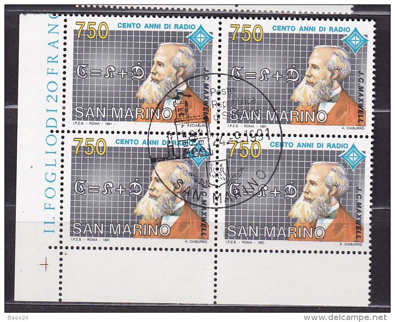 1991 San Marino Saint Marin 100° RADIO MAXWELL 4 Serie In Quartina Usata Con Gomma Annullo FDC USED Bl.4 - Fisica