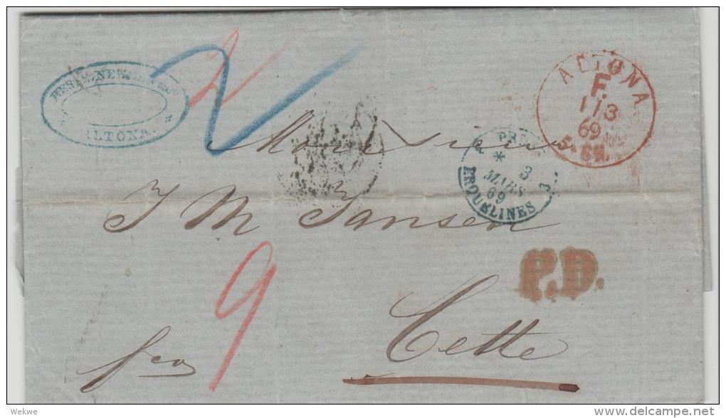 NDP141 / NORDDEUTSCHER POSTBEZIRK -  Altona 1869. F-Stempel Nach Cette (Frankreich) PD - Briefe U. Dokumente