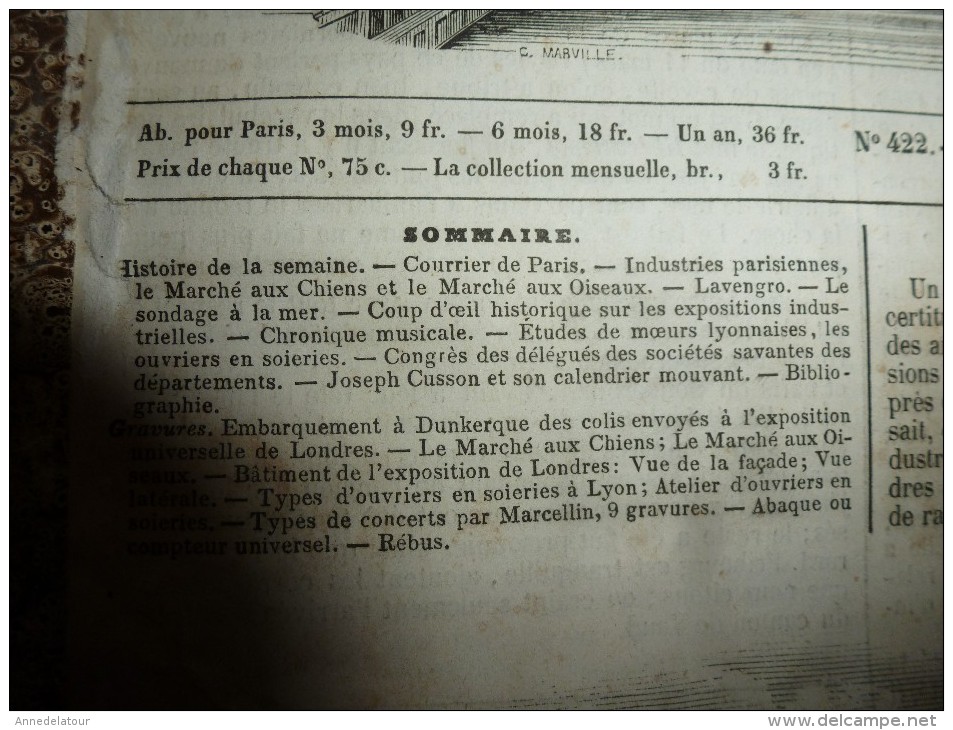 1851 L'ILLUSTRATION :Marché Aux CHIENS Et OISEAUX; Moeurs Lyonnaise ,Soieries; Calendrier Mouvant CUSSON; Dunkerque, Etc - 1850 - 1899