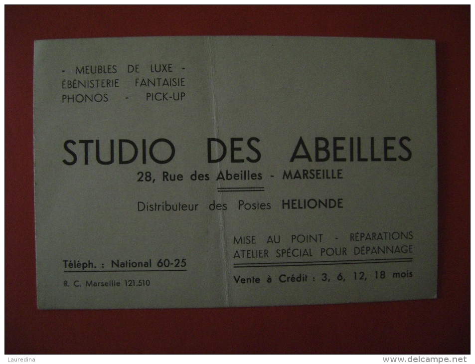 STUDIO DES ABEILLES A MARSEILLE- MEUBLES DE LUXE-EBENISTERIE FANTAISIE- PHONOS- PICK-UP - Cartes De Visite