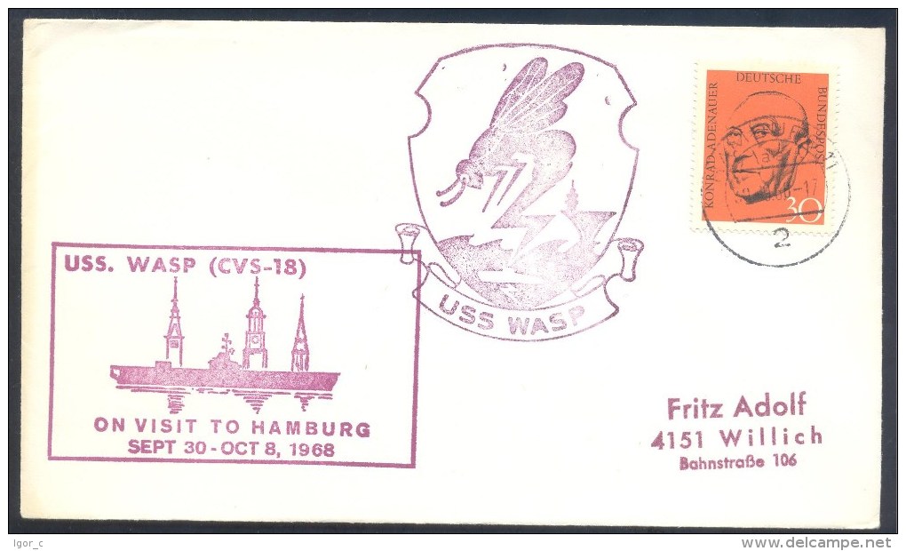 Germany Deutschland 1968 Cover: USS Wasp (CVS-18) On Visit To Hamburg; Ships Transport; Animals Fauna WASp WESPE - Sonstige & Ohne Zuordnung