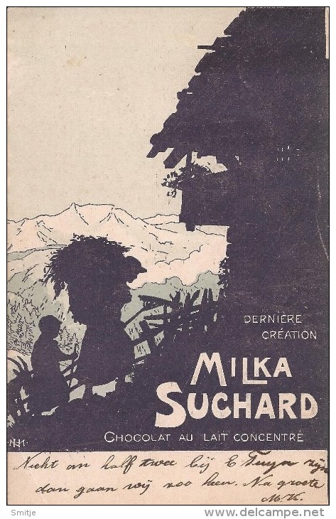 Carte Publicitaire 1902 Chocolat MILKA SUCHARD - Tablette Au Verso - 2 Scans - Werbepostkarten