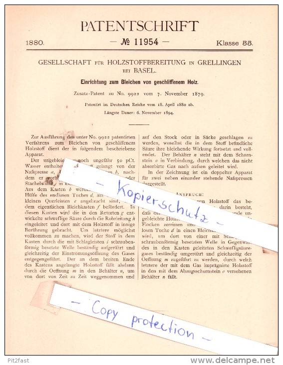 Original Patent - Gesellschaft Für Holzstoffbereitung In Grellingen Bei Basel , 1880 , !!! - Documents Historiques