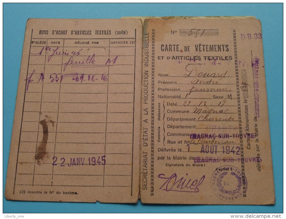 Carte De Vêtements Et D'Articles Textiles MAGNAC-sur-TOUVRE ( Charente ) DOUARD André 1 Aout 1942 ! - Textile & Vestimentaire