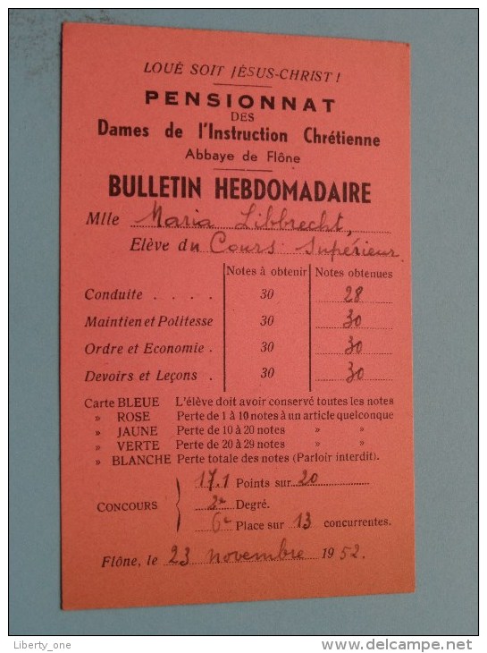 Bulletin HEBDOMADAIRE ( Libbrecht ) Pensionnat DAMES De L'Instruction Chrétienne Abbaye De Flône 1952 ( Zie Foto´s ) ! - Diplômes & Bulletins Scolaires
