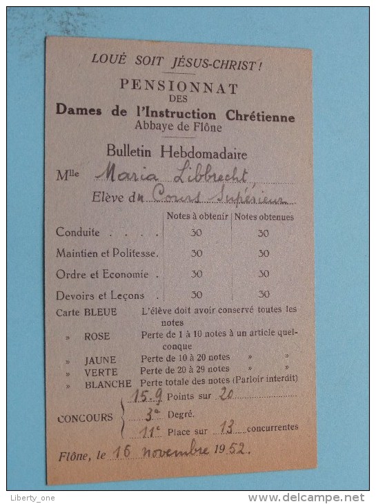 Bulletin HEBDOMADAIRE ( Libbrecht ) Pensionnat DAMES De L´Instruction Chrétienne Abbaye De Flône 1952 ( Zie Foto´s ) ! - Diplômes & Bulletins Scolaires