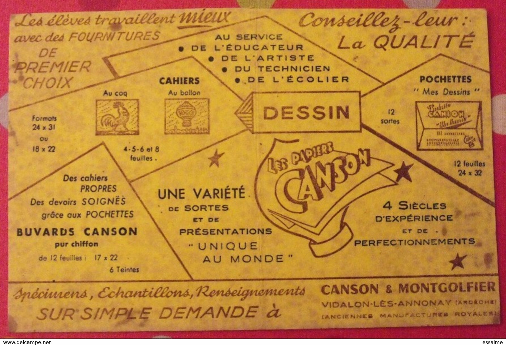 Buvard Les Papiers Canson. Vidalon Les Annonay (Ardèche). Vers 1950 - Stationeries (flat Articles)