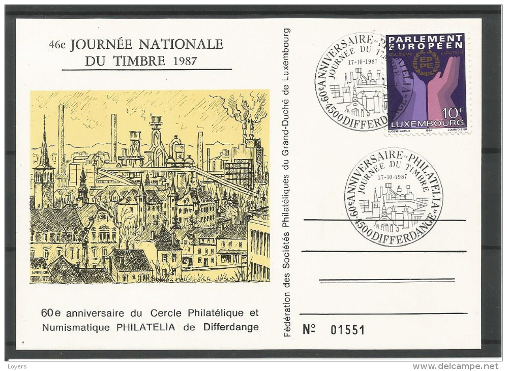 CARTE COMMEMORATIVE 60e ANNIVERSAIRE PHILATELIA DIFFERDANGE TP N° 1097 (CACHET POSTAL DE DIFFERDANGE)(SCAN VERSO) - Cartes Commémoratives