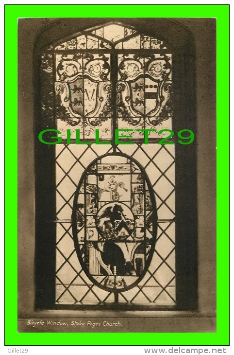 STOKE POGES, UK - BICYCLE WINDOW IN STOKE POGES CHURCH - - Buckinghamshire