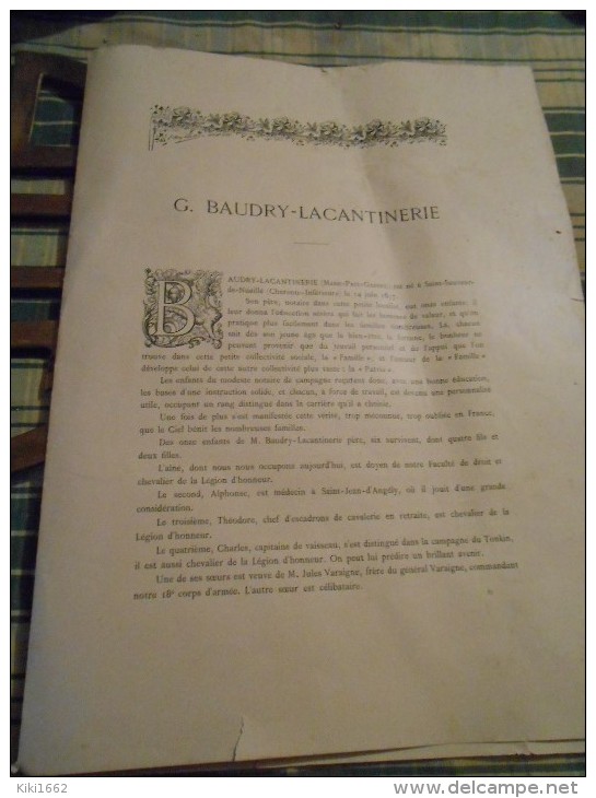 GRAND DOCUMENT SUR G.BAUDRY- LACANTINERIE DOYEN DE LA FACULTE DE DROIT A L UNIVERSITE DE BORDEAUX AVEC SON AUTOGRAPHE - Documents Historiques
