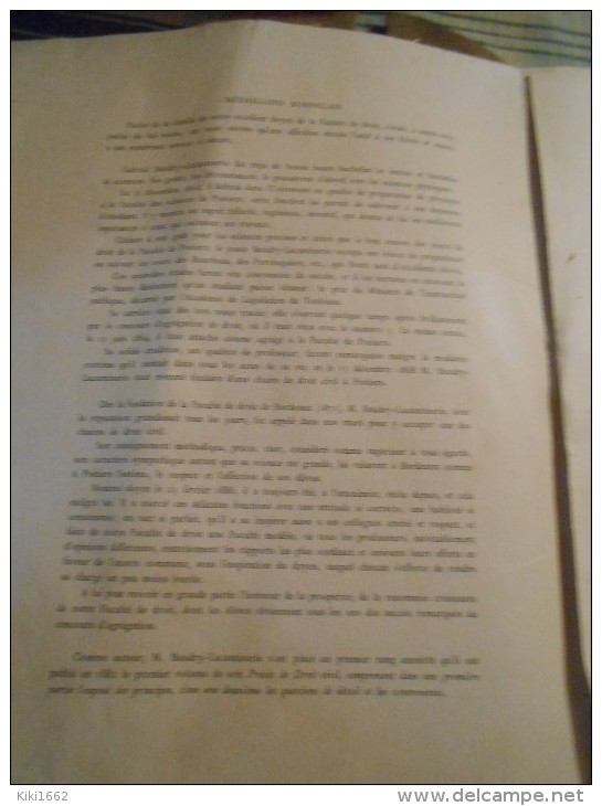 GRAND DOCUMENT SUR G.BAUDRY- LACANTINERIE DOYEN DE LA FACULTE DE DROIT A L UNIVERSITE DE BORDEAUX AVEC SON AUTOGRAPHE - Documents Historiques