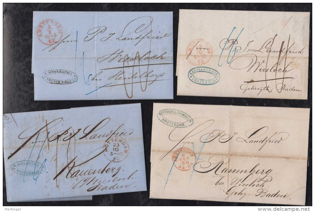 Netherlands 4 Covers 1862-68 To Germany Duchy Baden Railway Postmark - Collections