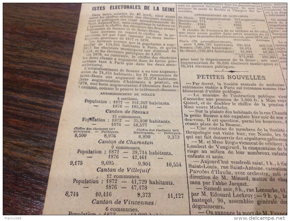 1878 LE PETIT JOURNAL - L´EXPOSITION UNIVERSELLE - DRAME RUE POLIVEAU - POMPIERS DE LA MARINE - LISTE ÉLECTORALE SEINE - 1850 - 1899