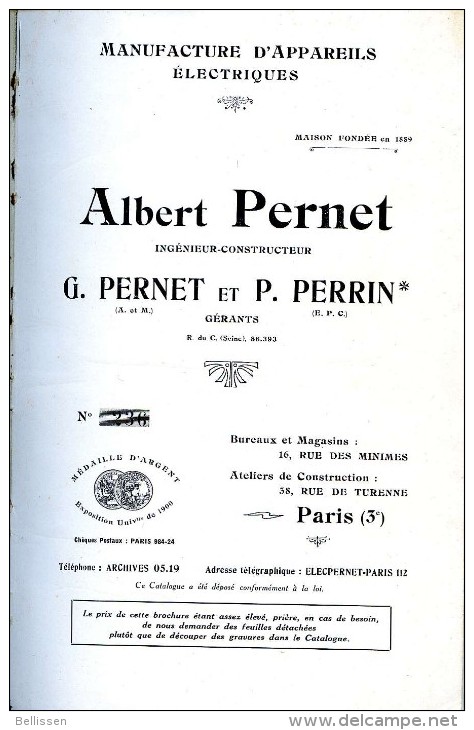 Catalogue Et Tarifs Manufacture D'appareils électriques PERNET Et PERRIN, Paris,1930 Téléphonie, Sonnerie, Signalisation - 1901-1940