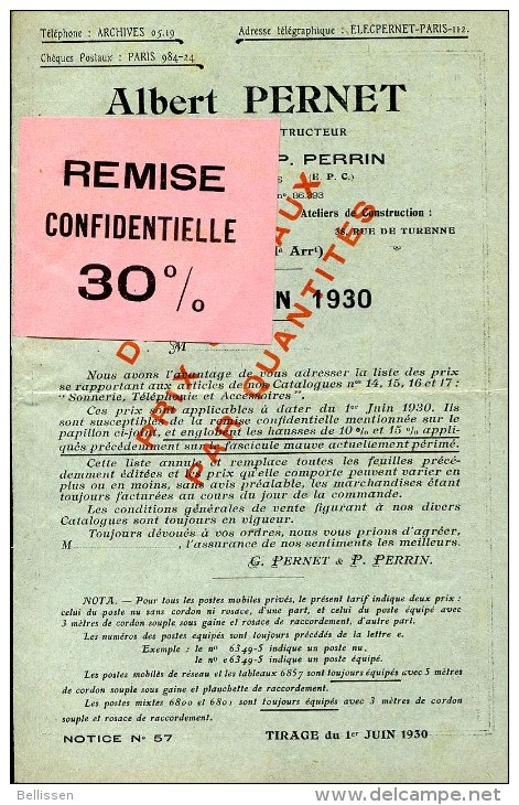 Catalogue et Tarifs Manufacture d'appareils électriques PERNET et PERRIN, Paris,1930 Téléphonie, Sonnerie, Signalisation