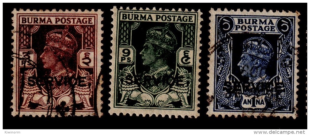 BURMA 1946 3p, 9p, 1a Service Overprint - New Colours SG O28,30,31 - Very Fine Used VFU 11A154 - Burma (...-1947)