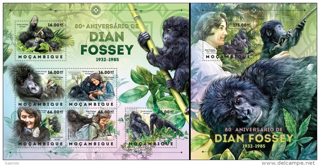 Mozambico 2012, Gorillas, Dian Fossey, 6val In BF +BF - Gorilas