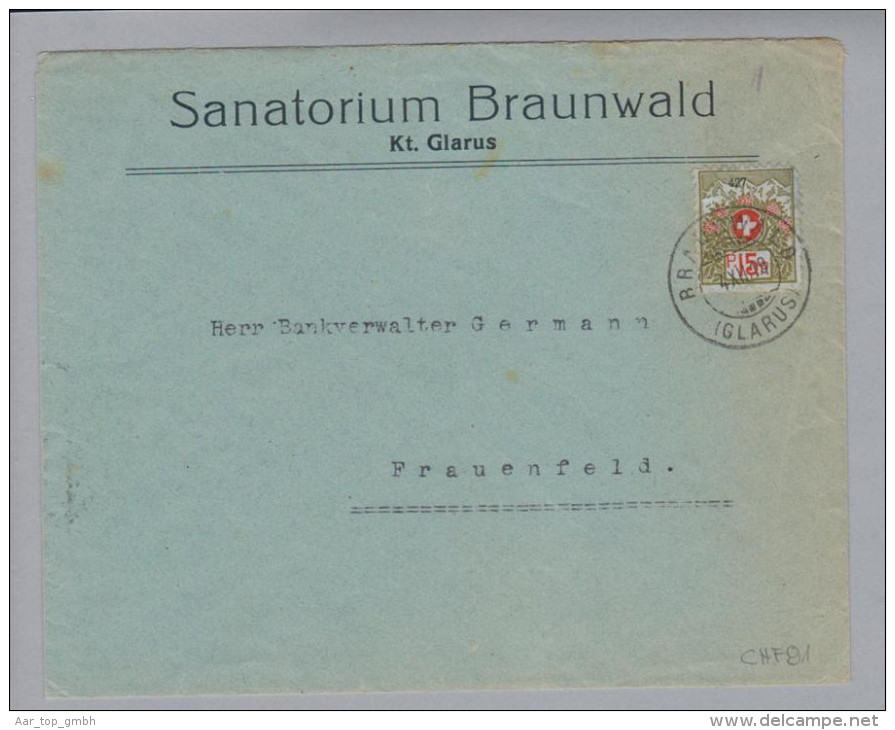 Heimat GL Braunwald 1919-12-04 Portofreiheit-Brief 15Rp. Kl#427 Sanatorium Braunwald - Vrijstelling Van Portkosten