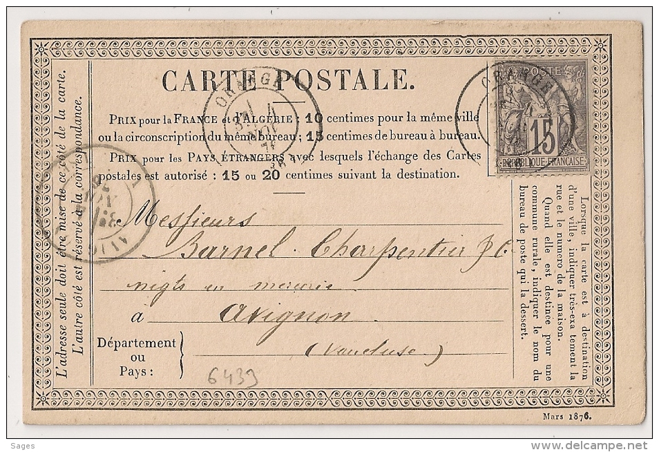 SAGE 15C Type I, Type 17 ORANGE Vaucluse Sur Carte Précurseur.  Cote : 45 EUR. - 1877-1920: Période Semi Moderne