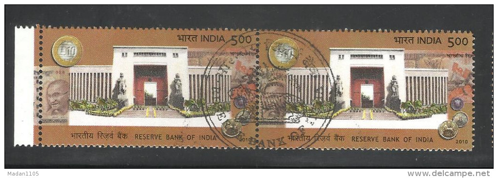 INDIA, 2010, FIRST DAY CANCELLED, PAIR, 75th Anniversary Of Reserve Bank Of India, Gandhi, Horse Coin, - Gebruikt