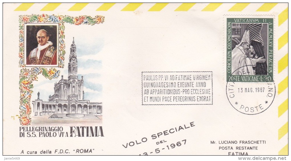 Vatican City 1967 Flight Cover Pope Visit Fatima - Used Stamps