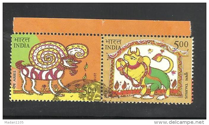 INDIA, 2010,  USED, Astrological Sign S,  (Zodiac), Setenant Pair 2 Different Stamps, Aries, Taurus, USED. - Used Stamps