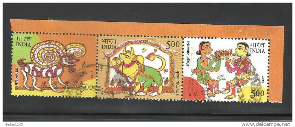 INDIA, 2010, Astrological Signs, Horizontall Strip Of 3  Different  Setenant Stamps, (Zodiac), (Ex M/Sheet).USED. - Gebruikt
