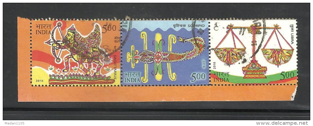 INDIA, 2010, Astrological Signs, Horizontal  Setenant Strip Of 3  Different Stamps, (Zodiac), (Ex M/Sheet).USED. - Gebruikt