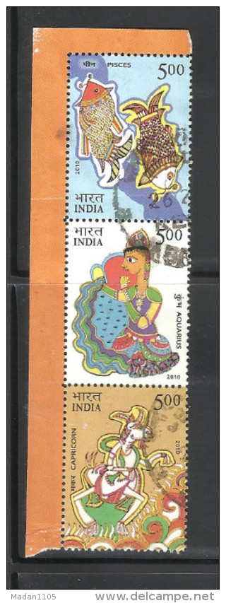 INDIA, 2010, Astrological Signs, Vertcal Setenant Strip Of 3  Different Stamps, (Zodiac), (Ex M/Sheet).USED. - Used Stamps