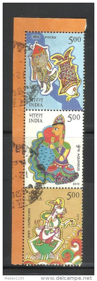 INDIA, 2010, Astrological Signs, Vertcal Setenant Strip Of 3  Different Stamps, (Zodiac), (Ex M/Sheet).USED. USED - Used Stamps