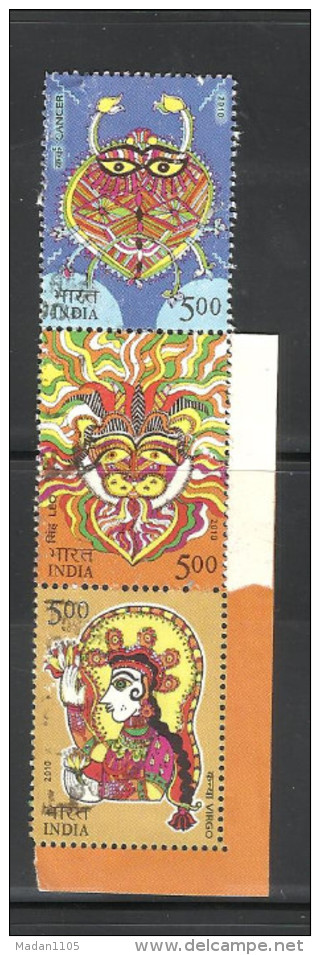 INDIA, 2010,  Astrological Signs, (Zodiac),  Vertical Setenant  Strip Of 3 Ex M/Sheet, USED - Oblitérés