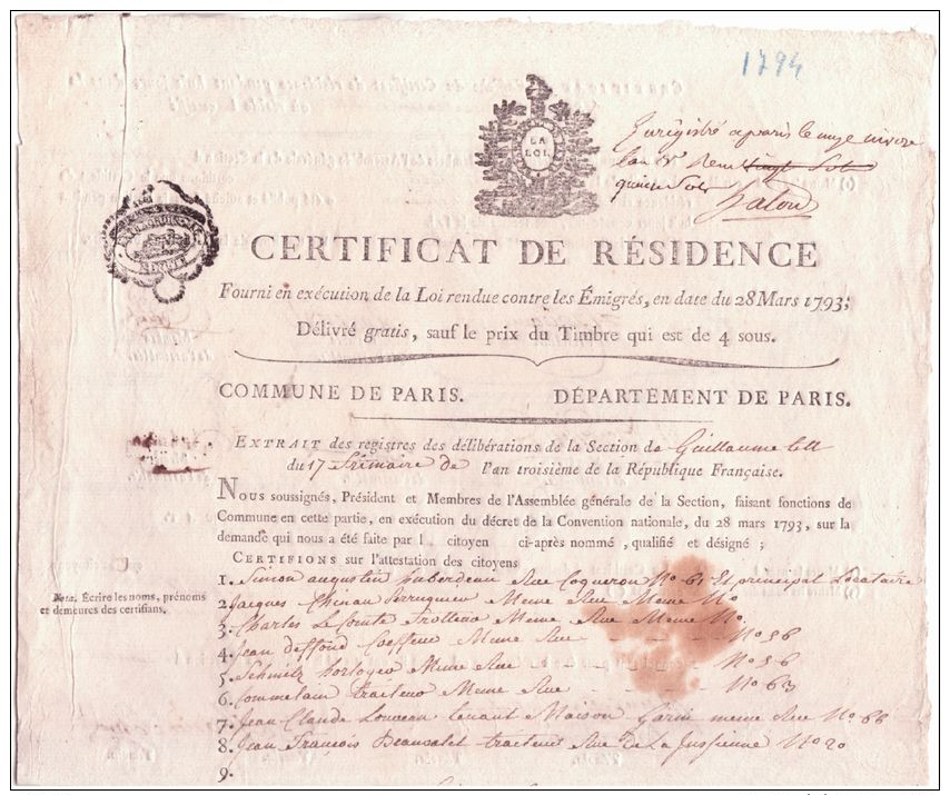 1793 - Certificat De Résidence   De La Commune De Paris De Citoyens Résidents Dans La Section De Guillaume Tell - Historische Dokumente