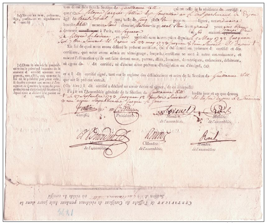 1793 - Certificat De Résidence   De La Commune De Paris De Citoyens Résidents Dans La Section De Guillaume Tell - Historische Dokumente