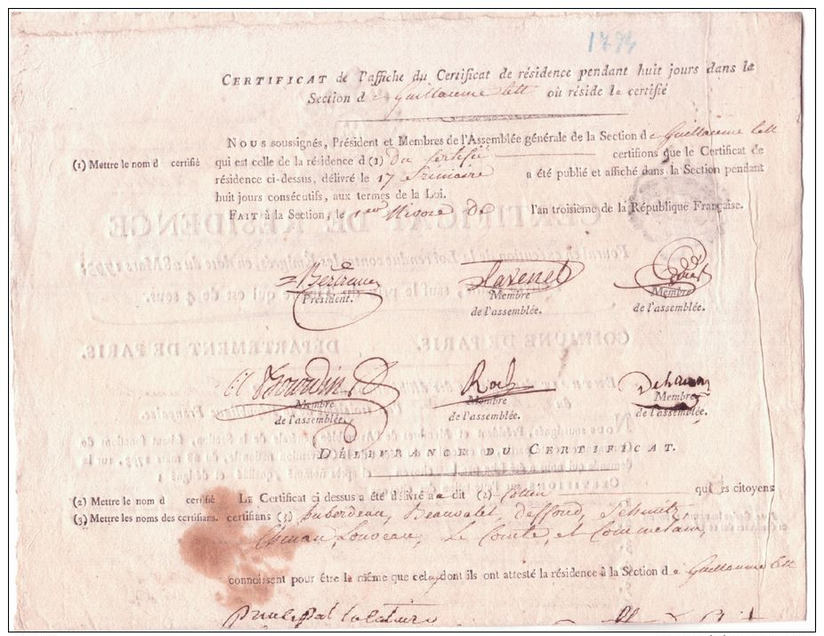 1793 - Certificat De Résidence   De La Commune De Paris De Citoyens Résidents Dans La Section De Guillaume Tell - Historische Dokumente