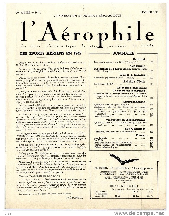 AVIATION  L AEROPHILE 1942  N° 2    PAGES 106  à 124  +  10 PAGES PUBLICITAIRE   TRES BON ETAT DE CONSERVATION - AeroAirplanes