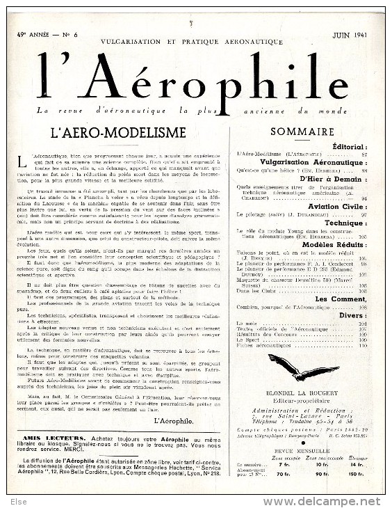 AVIATION  L AEROPHILE 1941  N° 6    PAGES 87  à 110  +  10 PAGES PUBLICITAIRE   TRES BON ETAT DE CONSERVATION - Flugzeuge