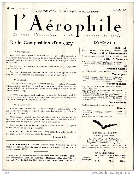 AVIATION  L AEROPHILE 1941  N° 7    PAGES 111  à 133  +  10 PAGES PUBLICITAIRE   TRES BON ETAT DE CONSERVATION - AeroAirplanes