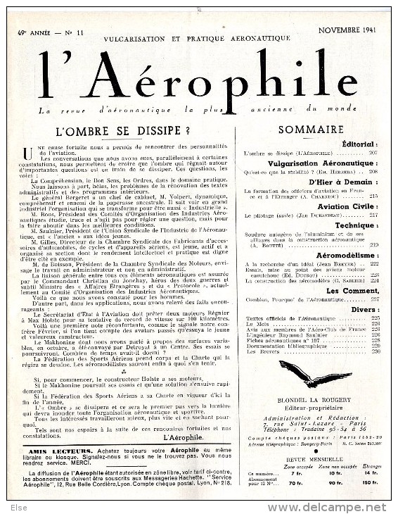 AVIATION  L AEROPHILE 1941  N° 11    PAGES 207  à  230  +  8 PAGES PUBLICITAIRE    BON ETAT DE CONSERVATION - Vliegtuig