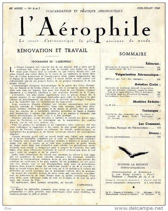 AVIATION  L AEROPHILE 1940  N° 6 & 7    PAGES 131  à  143      BON ETAT DE CONSERVATION - Vliegtuig